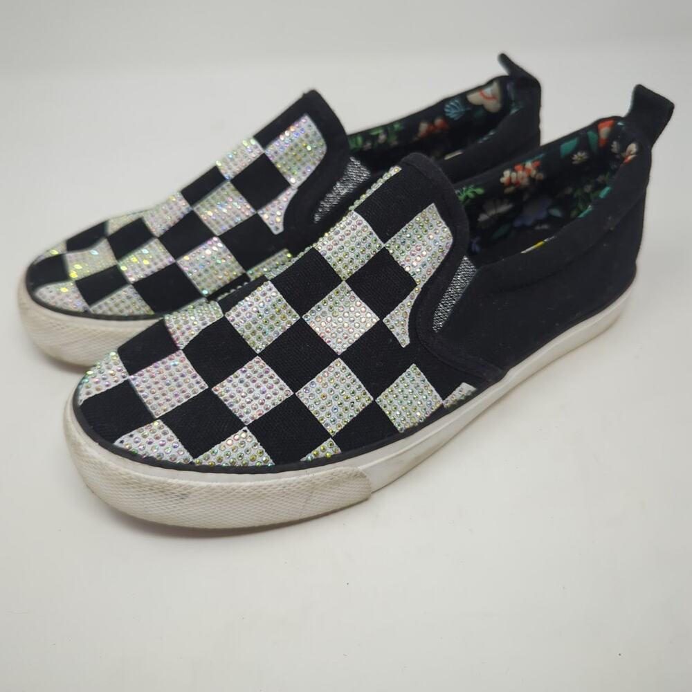 Sports Word Checkered Bling Canvas Black White Deck Sneakers Womens Size 5